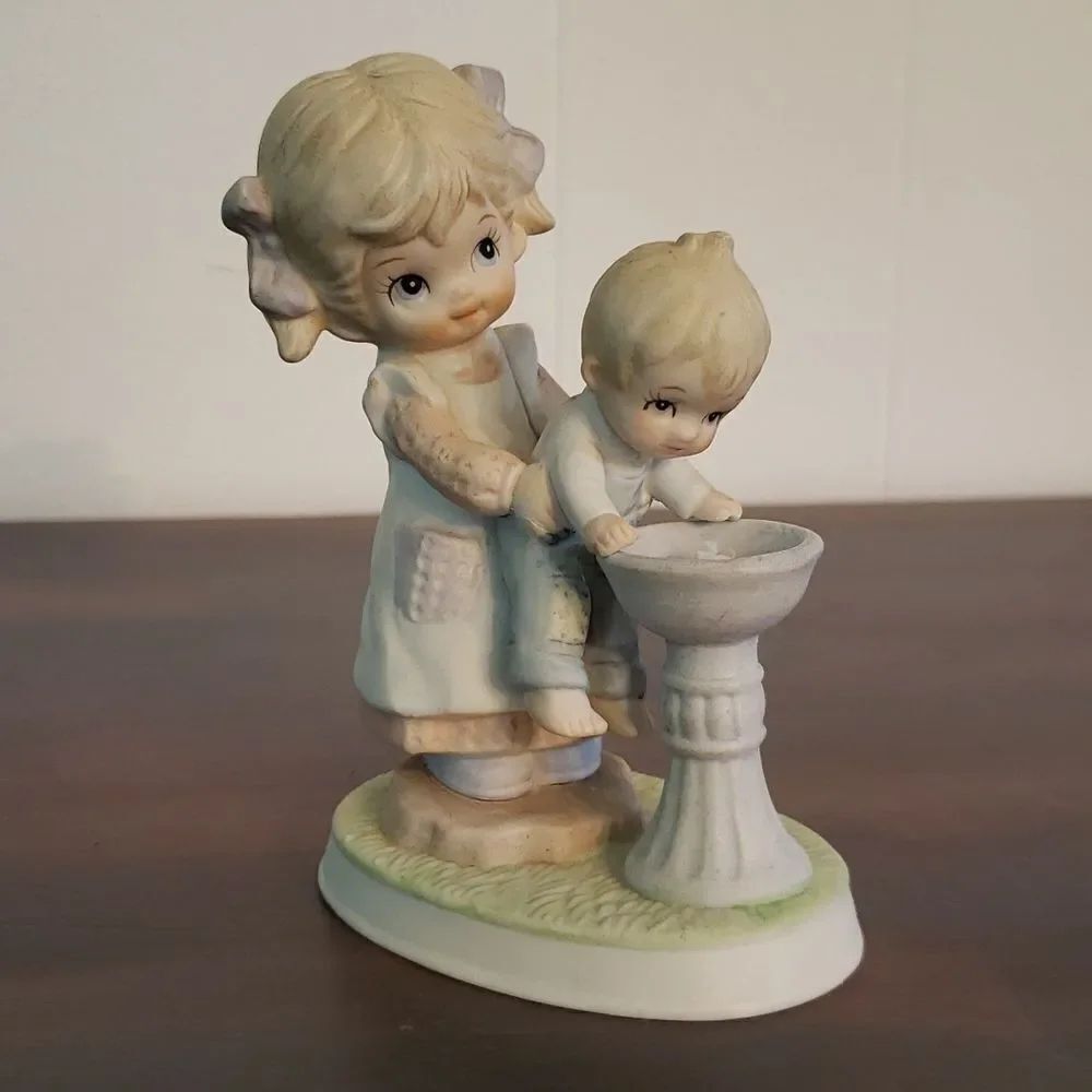 Vintage Homco Girl Holding Boy at Water Fountain Bisque Porcelain Figurine #1406